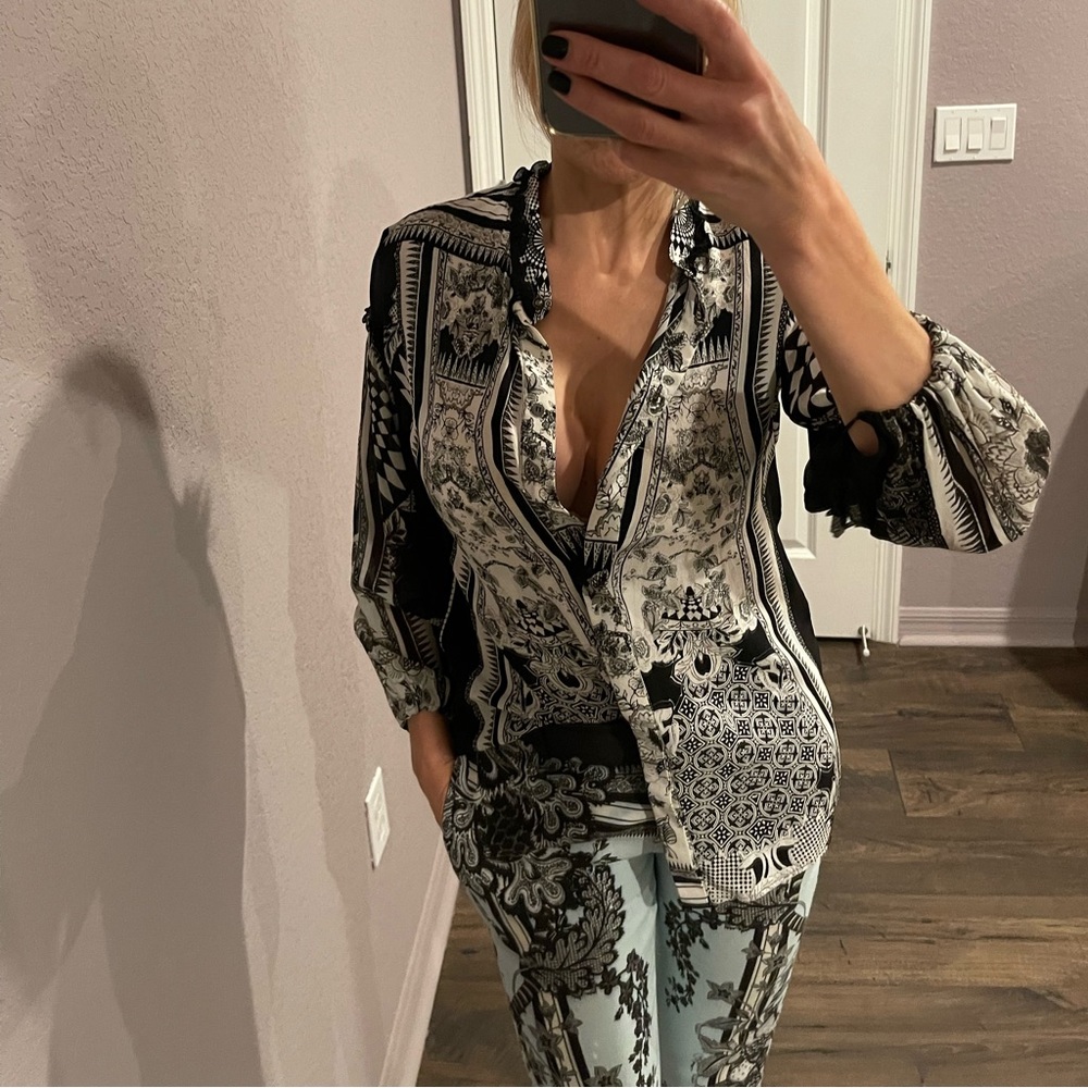 Roberto Cavalli Geometric Print Silk Blouse Size S